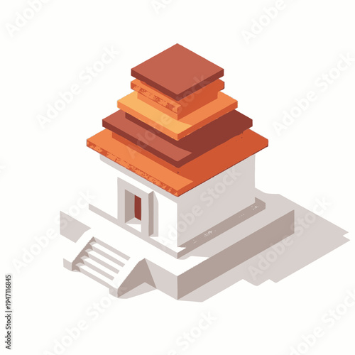 Isometric illustration of a traditional tiered pagoda-style building with a white base and orange-red layered roof.