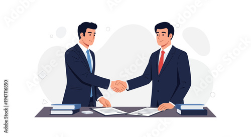 Two businessmen shaking hands over a table with documents, symbolizing agreement and partnership.