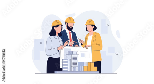 Architects discussing building model, construction project planning, teamwork, engineering