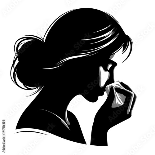Woman sneezing holding tissue black silhouette