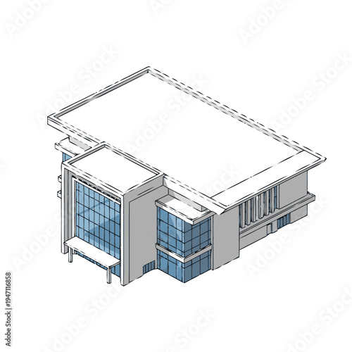 Isometric view of a modern commercial building with large glass windows and a flat roof, showcasing contemporary architectural design.