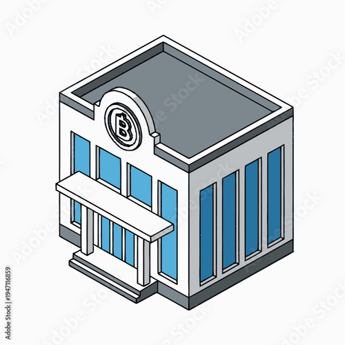 Isometric illustration of a modern bank building with a Bitcoin logo above the entrance.