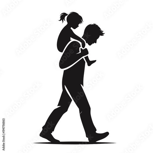 father carrying child, silhouette style