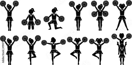 Cheerleader silhouettes set, girls performing cheerleading poses with pom poms isolated black figures for sport spirit team design