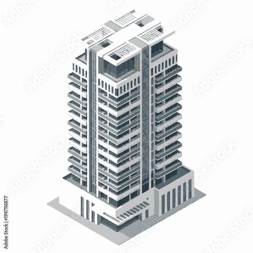 Isometric view of a modern high-rise residential building with balconies and rooftop amenities, rendered in grayscale.