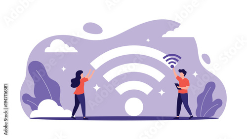 Man and woman connecting to the internet next to a large wireless signal icon representing wifi connectivity and networking in public areas.