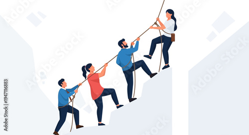 Teamwork Climbing Mountain Together, Success, Support, Partnership, Business Goal Achievement