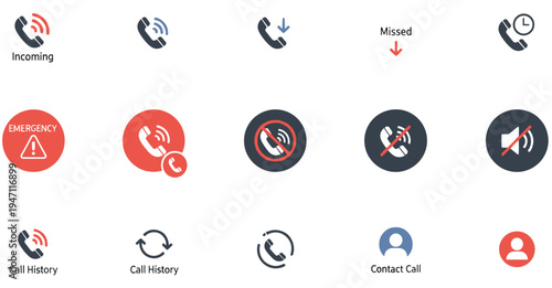 Phone call status UI icon set with incoming missed call history silent mode contact call mobile communication illustration