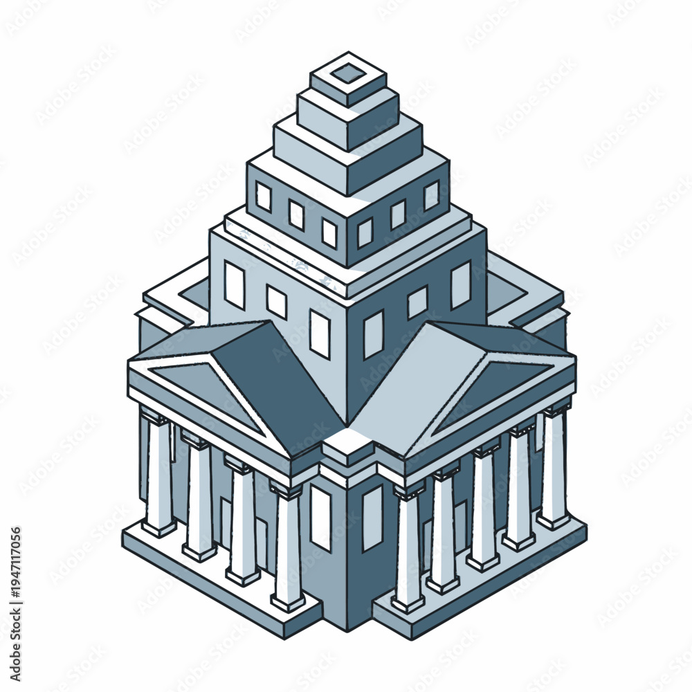Fototapeta premium Isometric illustration of a grand neoclassical building with a stepped pyramid-like roof and prominent columns, symbolizing government or a financial institution.