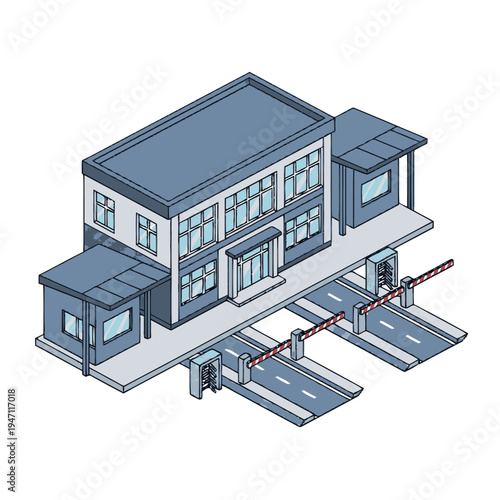 Isometric illustration of a modern border control checkpoint with multiple lanes and security booths, featuring a central administrative building and automated barriers.