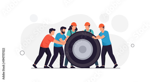 Teamwork, Collaboration, and Effort: People Pushing a Large Wheel Together