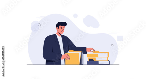 Man in Suit Organizing Files and Folders, Business Workflow Concept