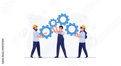 Teamwork and collaboration: people assembling gears, symbolizing synergy and business success