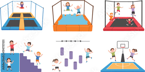 Colorful indoor trampoline park illustration with people enjoying various activities, jumping, playing, and having fun in vibrant recreational environment