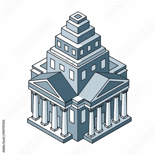 Isometric illustration of a grand neoclassical building with a stepped pyramid-like roof and prominent columns, symbolizing government or a financial institution.