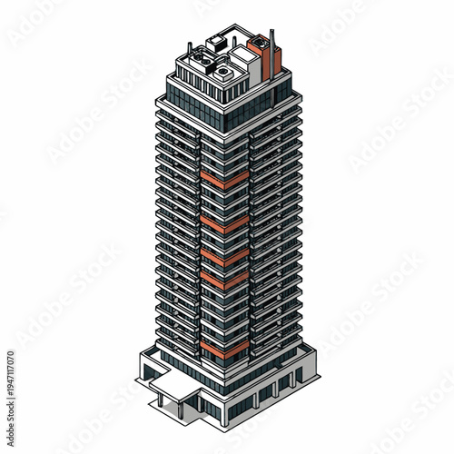 A detailed isometric illustration of a modern, high-rise residential skyscraper with balconies and an orange accent.