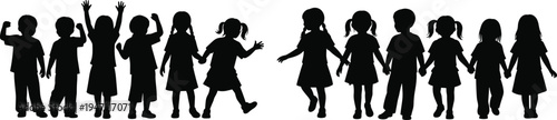 Children holding hands silhouettes set, boys and girls standing together in friendship line isolated black kids figures