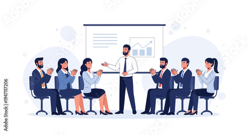 Business meeting presentation, speaker addressing audience, clapping hands, successful team