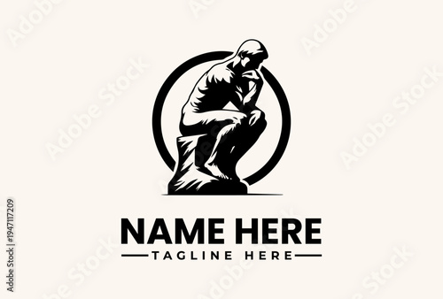 A black and white illustration of a man in a contemplative pose within a circular frame, with space for a logo and tagline on a plain background.