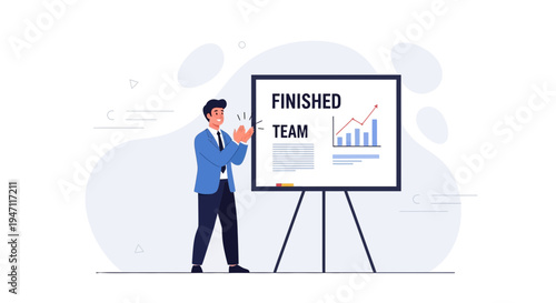 Businessman applauding near whiteboard with 'Finished Team' and growth chart