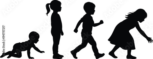 Children growth stages silhouette set, baby crawling, toddler standing, kids walking and playing, childhood development concept isolated black silhouettes