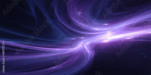 A futuristic digital wallpaper features a fractal pattern of purple and blue light waves with glowing stars and motion energy lines across a dark space backdrop