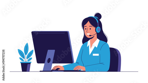 Female customer support representative with headset working at a computer desk representing professional call center and help desk services.