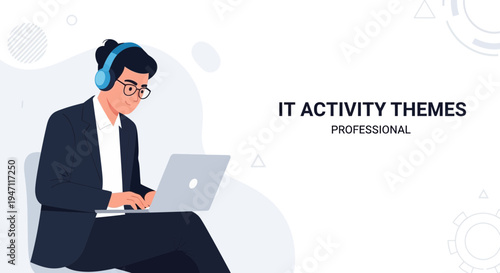 Professional IT worker with headphones and laptop, IT activity themes