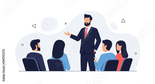 Business presentation, speaker addressing audience in a meeting room, flat illustration