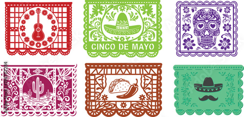 Mexican festive paper banners with floral patterns and symbols  cinco de mayo decorations