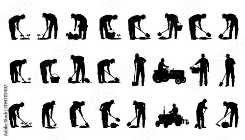 Black and white vector illustration set of gardeners mowing grass with push mower and riding lawn mower. Silhouette icon collection showing lawn maintenance, yard work and landscaping activities, idea