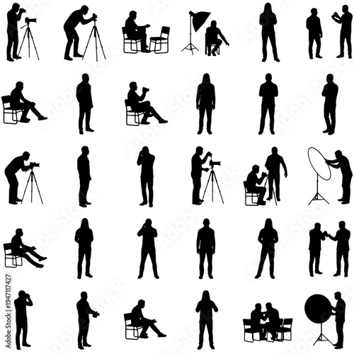Black and white vector illustration set of photographers taking pictures with cameras, tripods and studio lighting equipment. Silhouette icon collection showing photography work, photo sessions 