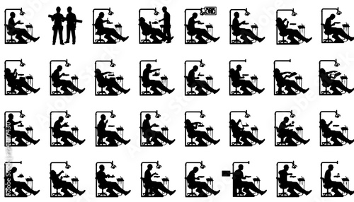 Black and white vector illustration set of dental clinic scenes with dentist examining and treating patients in a dental chair. Silhouette icon collection showing dentistry procedures, dental checkups