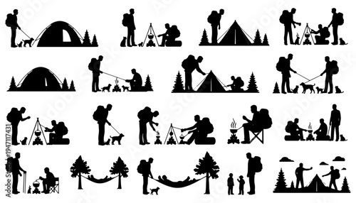 Black and white vector illustration set of hikers camping in nature with tents, campfires, backpacks and outdoor equipment. Silhouette icon collection showing trekking, hiking and camping activities