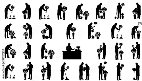 Black and white vector illustration set of florist activities including arranging flowers, preparing bouquets and working in a flower shop. Silhouette icon collection isolated on white background