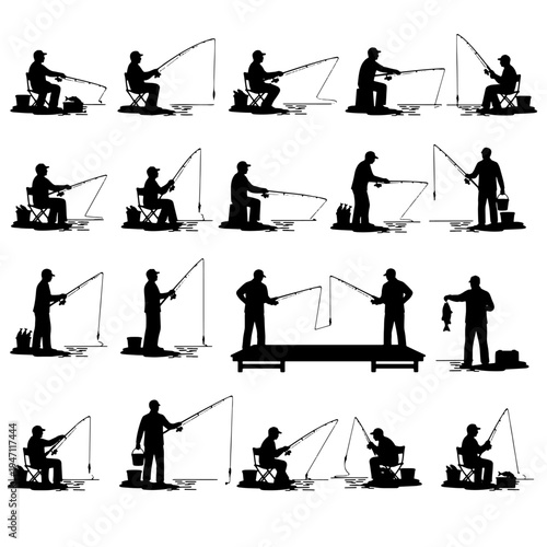 Black and white vector illustration set of fishermen catching fish with rods in different positions on shore and dock. Silhouette icon collection isolated on white background, ideal for fishing sport 