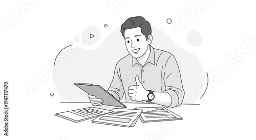 Smiling businessman giving thumbs up with documents on desk, success concept