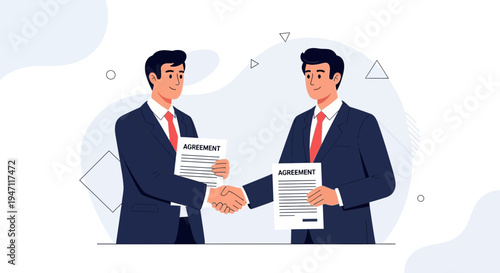 Businessmen shaking hands over agreement document, partnership success, teamwork