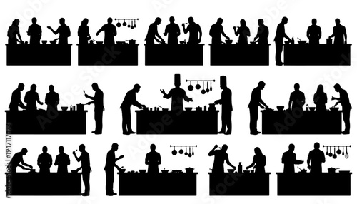 Black and white vector illustration set of bartenders preparing drinks, serving cocktails and working behind a bar counter. Silhouette icon collection isolated on white background, perfect for bar