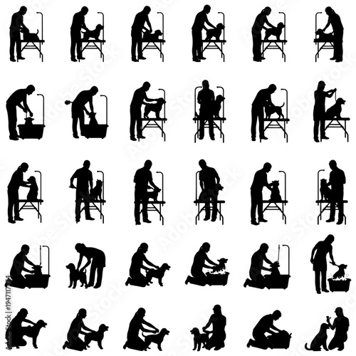 Black and white vector illustration set of dog grooming scenes with people washing, brushing, drying and caring for pets. Silhouette icon collection isolated on white background, ideal for pet salon 