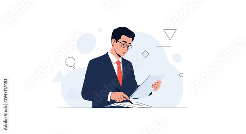 Businessman reviewing documents at desk, modern flat illustration