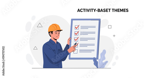 Construction worker with checklist, activity-based themes, project management concept