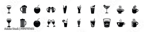 Assorted beverage and drink silhouette icon featuring coffee tea cup, cocktail glass beer mug, coconut juice soda refreshing liquid more vector illustration or editable stroke.