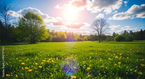 Sunlit meadow with wildflowers and trees on a cloudy day