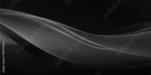 Abstract black and white satin wallpaper features flowing blue waves and light curves in a dark motion pattern of energy and smoke art