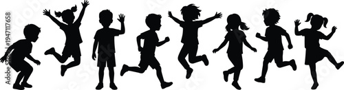 Children playing silhouette set, happy kids running and jumping collection, boys and girls playful activity isolated black figures