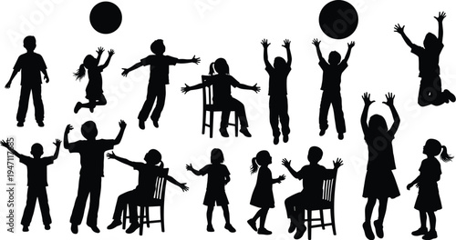 Children playing with ball silhouette set, kids jumping, sitting and raising hands collection, playful childhood activity isolated figures