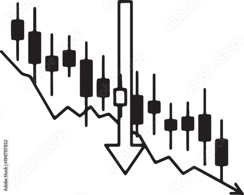 Bearish Stock Market Candlestick Chart with Down Arrow Line Icon Vector, Trading Loss and Price Drop Concept