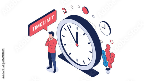 Man standing thoughtfully beside giant clock under time limit sign depicting deadline pressure and time management.