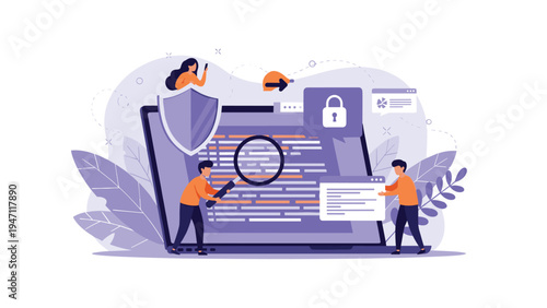 Developers inspecting website code on large laptop screen with shield and lock icons for cybersecurity assurance.